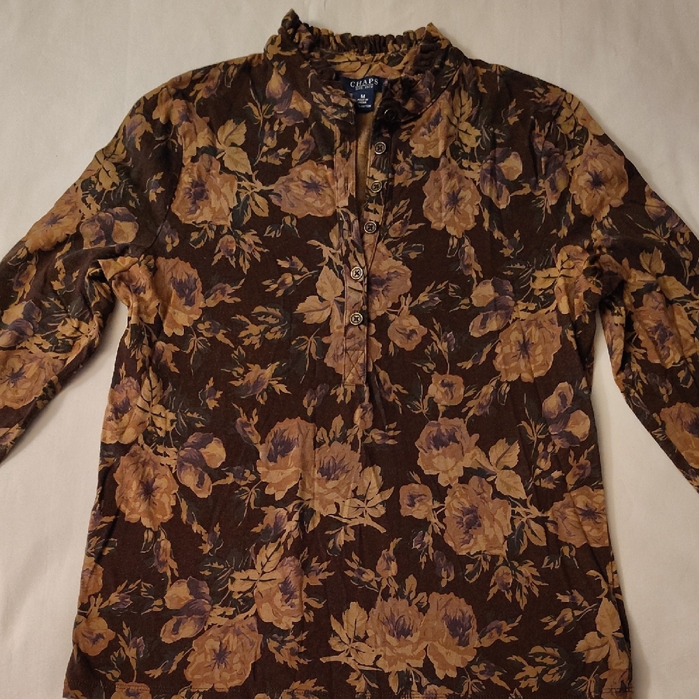 Chaps Blouse Size Medium Brown And Tan Floral Design EUC 3/4 Sleeve Detail EUC